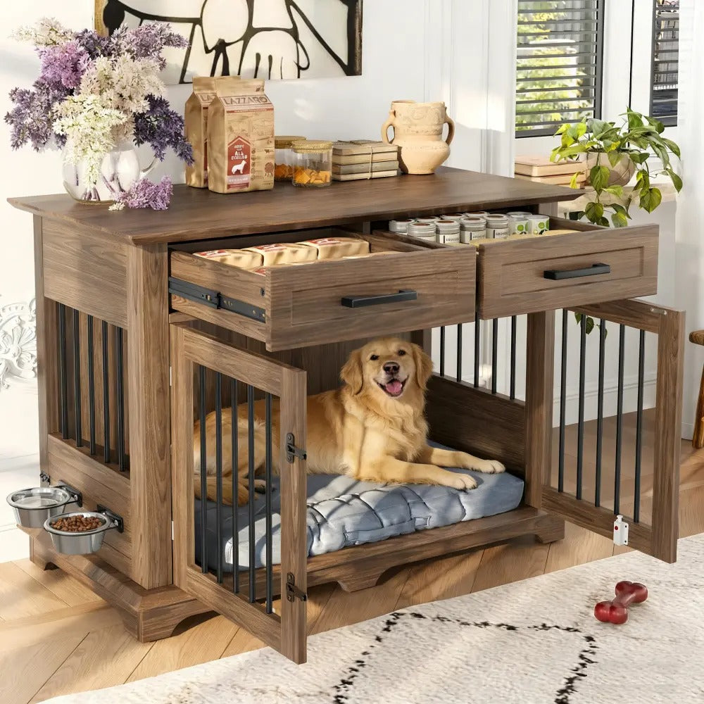 Furniture Style Wooden Dog Crate End Table 44.48 Inch, Indoor Decorative Dog Kennel  with 2 Storage Drawers and 360° Rotatable Feeding Bowls, Pet House for Medium Dogs, Brown