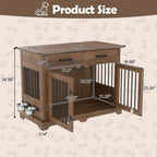 Dog Furniture Style Wooden Dog Crate End Table 44.48 Inch, Indoor Decorative Dog Kennel  with 2 Storage Drawers and 360° Rotatable Feeding Bowls, Pet House for Medium Dogs, Brown