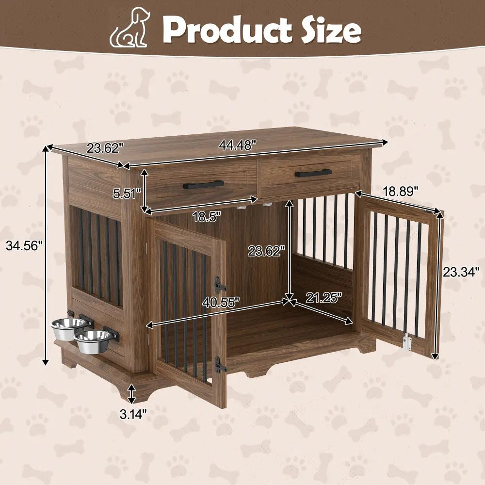 Dog Furniture Style Wooden Dog Crate End Table 44.48 Inch, Indoor Decorative Dog Kennel  with 2 Storage Drawers and 360° Rotatable Feeding Bowls, Pet House for Medium Dogs, Brown