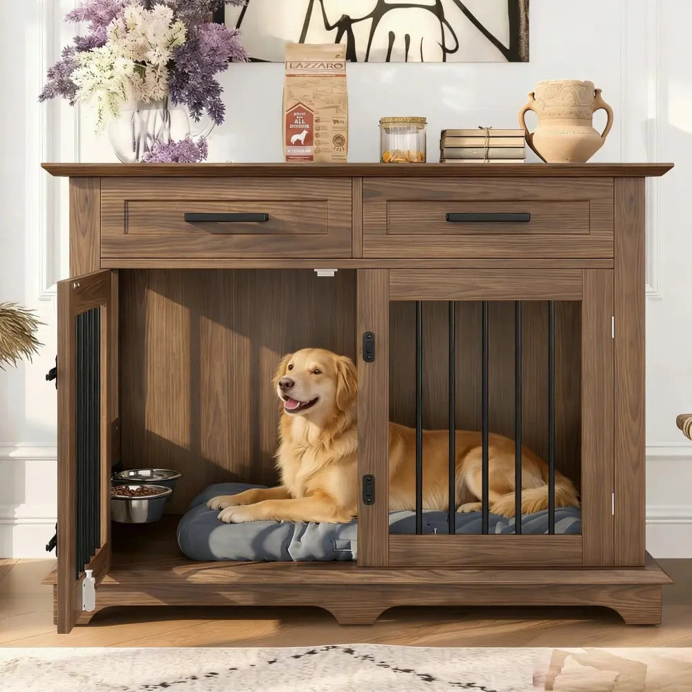 Furniture Style Wooden Dog Crate End Table 44.48 Inch, Indoor Decorative Dog Kennel  with 2 Storage Drawers and 360° Rotatable Feeding Bowls, Pet House for Medium Dogs, Brown