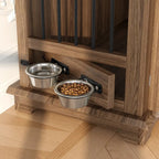 Dog Furniture Style Wooden Dog Crate End Table 44.48 Inch, Indoor Decorative Dog Kennel  with 2 Storage Drawers and 360° Rotatable Feeding Bowls, Pet House for Medium Dogs, Brown