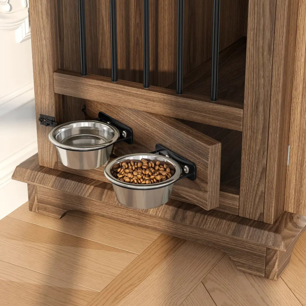 Furniture Style Wooden Dog Crate End Table 44.48 Inch, Indoor Decorative Dog Kennel  with 2 Storage Drawers and 360° Rotatable Feeding Bowls, Pet House for Medium Dogs, Brown
