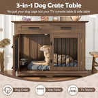 Dog Furniture Style Wooden Dog Crate End Table 44.48 Inch, Indoor Decorative Dog Kennel  with 2 Storage Drawers and 360° Rotatable Feeding Bowls, Pet House for Medium Dogs, Brown