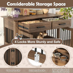 Dog Furniture Style Wooden Dog Crate End Table 44.48 Inch, Indoor Decorative Dog Kennel  with 2 Storage Drawers and 360° Rotatable Feeding Bowls, Pet House for Medium Dogs, Brown