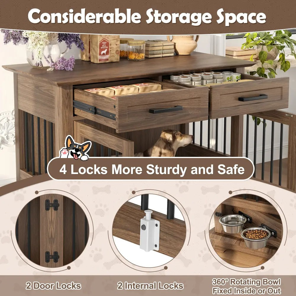 Dog Furniture Style Wooden Dog Crate End Table 44.48 Inch, Indoor Decorative Dog Kennel  with 2 Storage Drawers and 360° Rotatable Feeding Bowls, Pet House for Medium Dogs, Brown