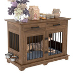 Dog Furniture Style Wooden Dog Crate End Table 44.48 Inch, Indoor Decorative Dog Kennel  with 2 Storage Drawers and 360° Rotatable Feeding Bowls, Pet House for Medium Dogs, Brown