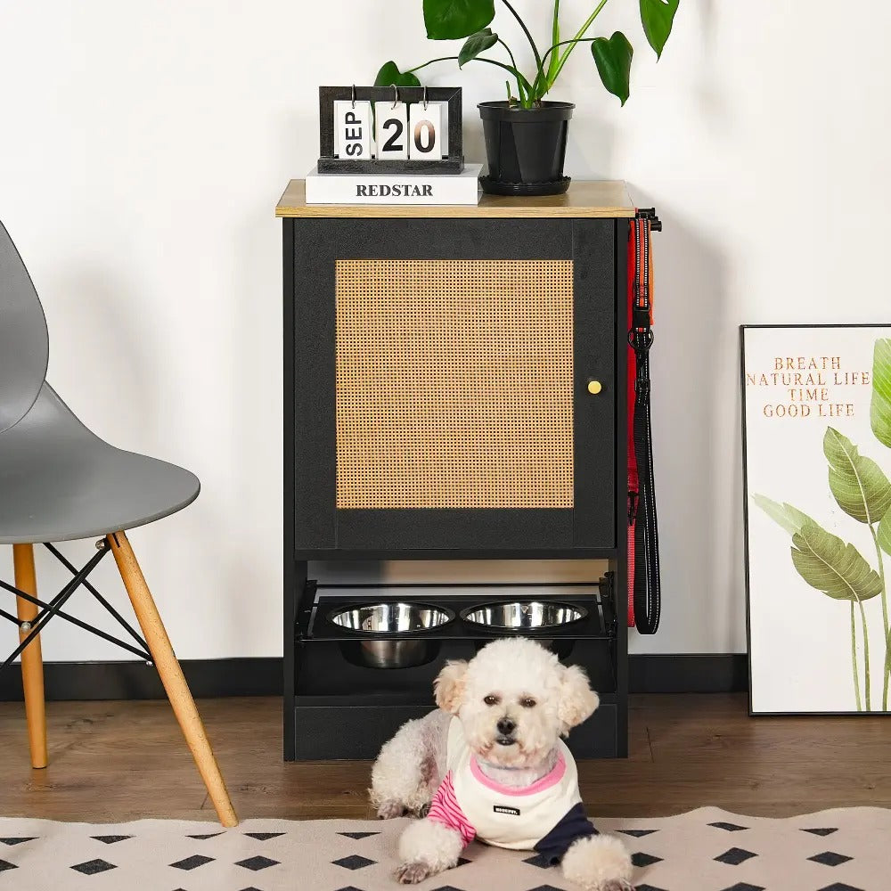 Dog & Cat Furniture Style Hidden Dog Feeding Station with Storage Cabinet, Two Elevated  Bowls, Hanging Hooks and Anti-Tip Kit, Pet Food & Water Organizer, Black
