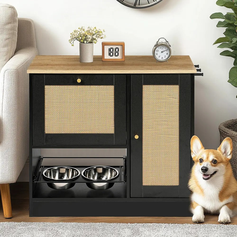 Hidden Pet Feeding Cabinet with Two Lockable Storage Compartments, Raised Elevated  Double Bowls, Side Hooks and Anti-Tip Stabilizer, Rattan Decorative Doors, Pet Food &  Water Station, Black