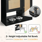 Dog & Cat Hidden Pet Feeding Cabinet with Two Lockable Storage Compartments, Raised Elevated  Double Bowls, Side Hooks and Anti-Tip Stabilizer, Rattan Decorative Doors, Pet Food &  Water Station, Black