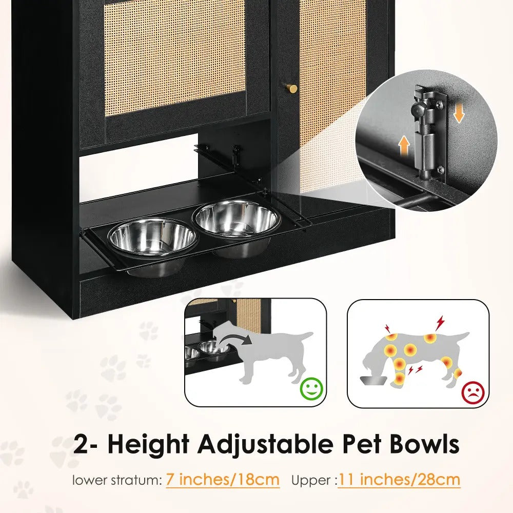 Dog & Cat Hidden Pet Feeding Cabinet with Two Lockable Storage Compartments, Raised Elevated  Double Bowls, Side Hooks and Anti-Tip Stabilizer, Rattan Decorative Doors, Pet Food &  Water Station, Black
