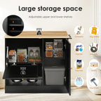 Dog & Cat Hidden Pet Feeding Cabinet with Two Lockable Storage Compartments, Raised Elevated  Double Bowls, Side Hooks and Anti-Tip Stabilizer, Rattan Decorative Doors, Pet Food &  Water Station, Black