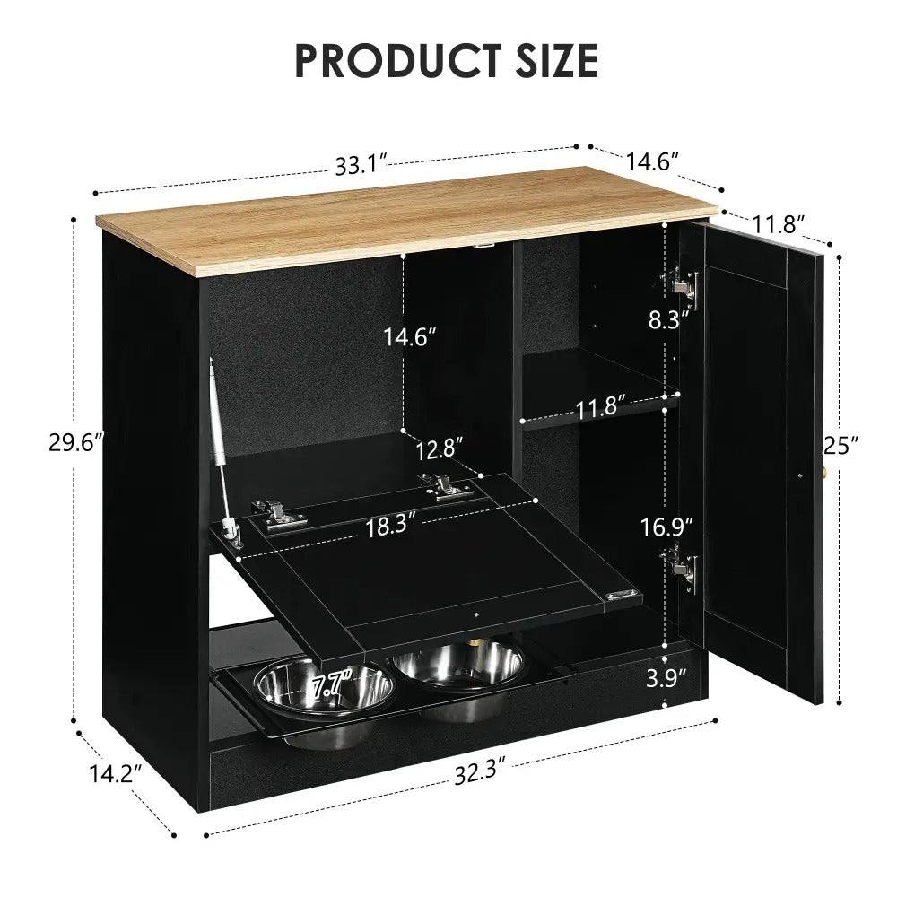 Dog & Cat Hidden Pet Feeding Cabinet with Two Lockable Storage Compartments, Raised Elevated  Double Bowls, Side Hooks and Anti-Tip Stabilizer, Rattan Decorative Doors, Pet Food &  Water Station, Black