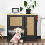 Dog & Cat Hidden Pet Feeding Cabinet with Two Lockable Storage Compartments, Raised Elevated  Double Bowls, Side Hooks and Anti-Tip Stabilizer, Rattan Decorative Doors, Pet Food &  Water Station, Black