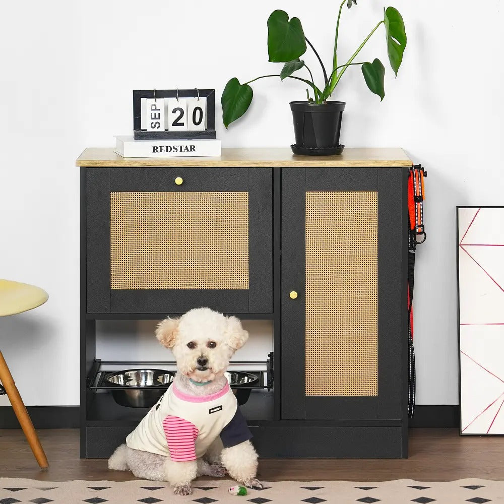 Hidden Pet Feeding Cabinet with Two Lockable Storage Compartments, Raised Elevated  Double Bowls, Side Hooks and Anti-Tip Stabilizer, Rattan Decorative Doors, Pet Food &  Water Station, Black
