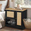 Dog & Cat Hidden Pet Feeding Cabinet with Two Lockable Storage Compartments, Raised Elevated  Double Bowls, Side Hooks and Anti-Tip Stabilizer, Rattan Decorative Doors, Pet Food &  Water Station, Black