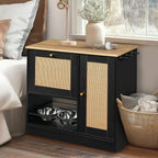 Dog & Cat Hidden Pet Feeding Cabinet with Two Lockable Storage Compartments, Raised Elevated  Double Bowls, Side Hooks and Anti-Tip Stabilizer, Rattan Decorative Doors, Pet Food &  Water Station, Black