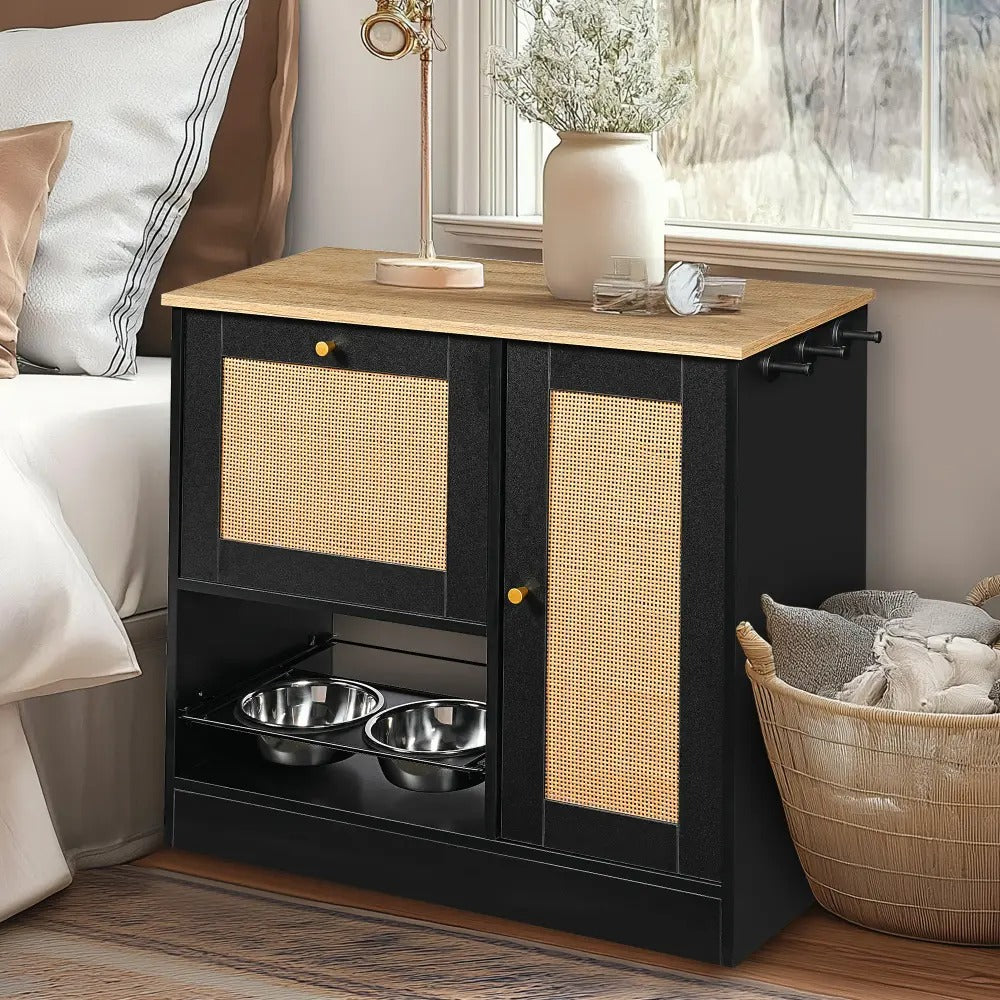 Hidden Pet Feeding Cabinet with Two Lockable Storage Compartments, Raised Elevated  Double Bowls, Side Hooks and Anti-Tip Stabilizer, Rattan Decorative Doors, Pet Food &  Water Station, Black
