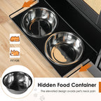 Dog & Cat Hidden Pet Feeding Cabinet with Two Lockable Storage Compartments, Raised Elevated  Double Bowls, Side Hooks and Anti-Tip Stabilizer, Rattan Decorative Doors, Pet Food &  Water Station, Black