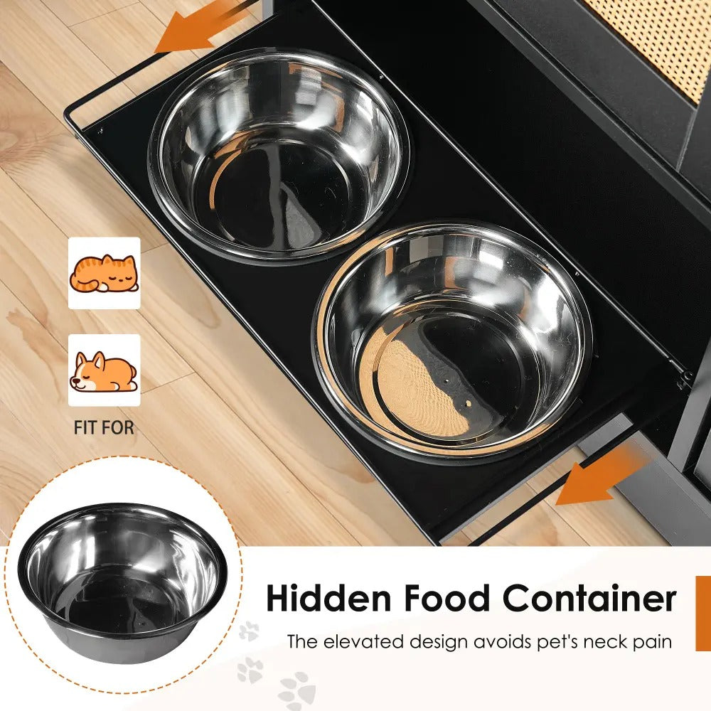Dog & Cat Hidden Pet Feeding Cabinet with Two Lockable Storage Compartments, Raised Elevated  Double Bowls, Side Hooks and Anti-Tip Stabilizer, Rattan Decorative Doors, Pet Food &  Water Station, Black