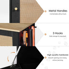 Dog & Cat Hidden Pet Feeding Cabinet with Two Lockable Storage Compartments, Raised Elevated  Double Bowls, Side Hooks and Anti-Tip Stabilizer, Rattan Decorative Doors, Pet Food &  Water Station, Black