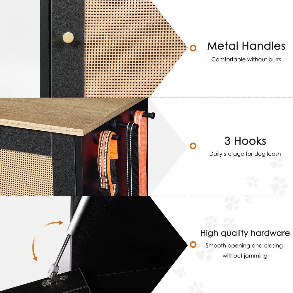 Dog & Cat Hidden Pet Feeding Cabinet with Two Lockable Storage Compartments, Raised Elevated  Double Bowls, Side Hooks and Anti-Tip Stabilizer, Rattan Decorative Doors, Pet Food &  Water Station, Black