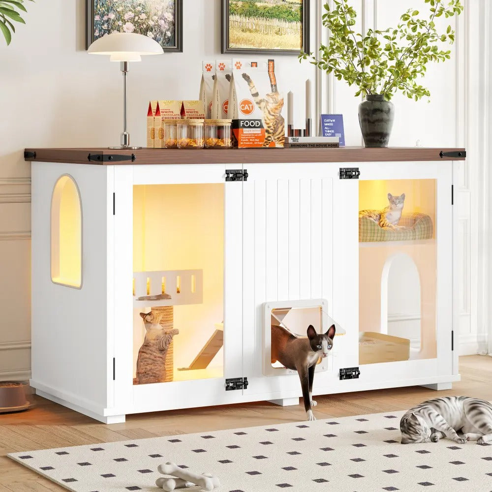 Large 47.25" Cat Litter Box Enclosure with Lighting, Stairs and Scratching Post,  Smart Door Pet Cabinet Side Table for Living Room, White