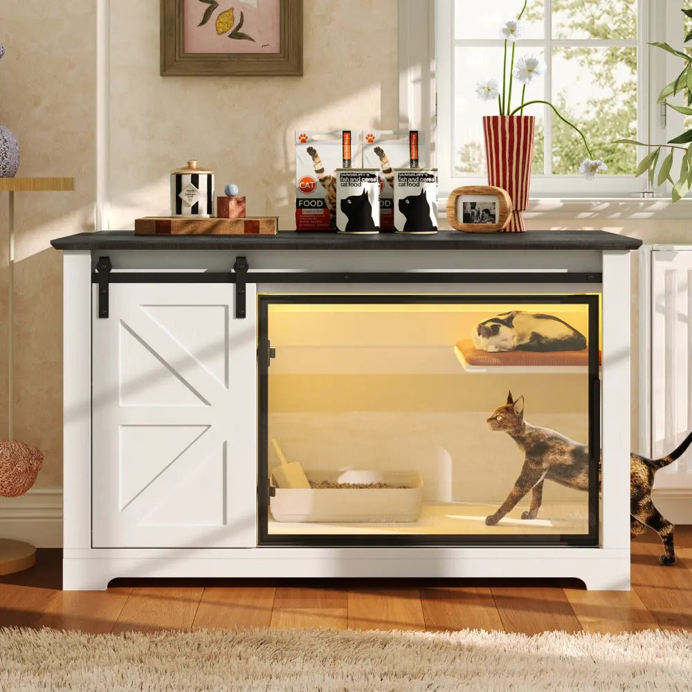 Cat Large 47.25" Cat Litter Box Enclosure with Lighting, Stairs and Scratching Post,  Smart Door Pet Cabinet Side Table for Living Room, White
