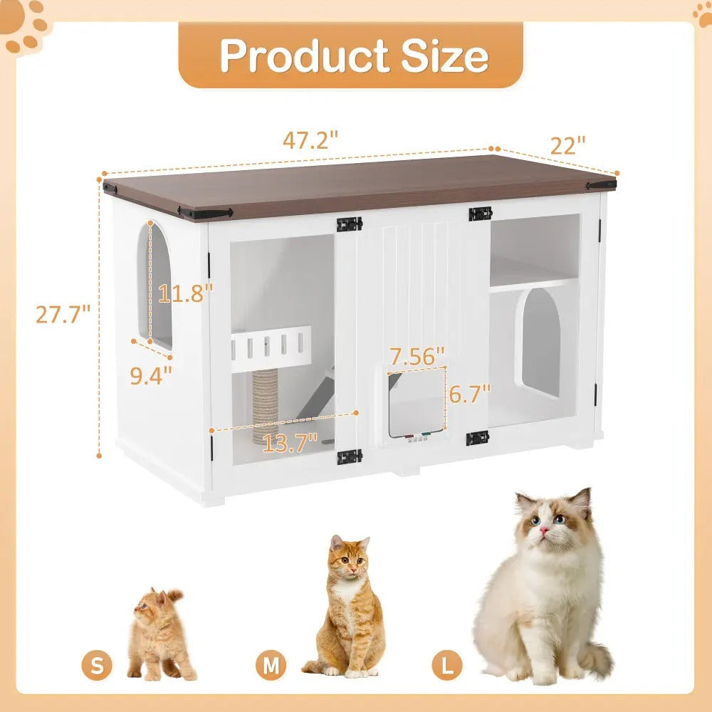Cat Large 47.25" Cat Litter Box Enclosure with Lighting, Stairs and Scratching Post,  Smart Door Pet Cabinet Side Table for Living Room, White
