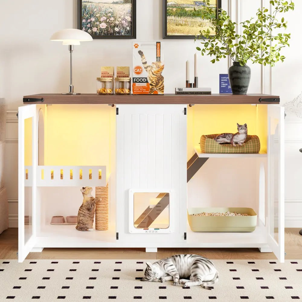 Large 47.25" Cat Litter Box Enclosure with Lighting, Stairs and Scratching Post,  Smart Door Pet Cabinet Side Table for Living Room, White
