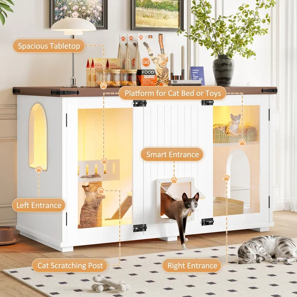 Large 47.25" Cat Litter Box Enclosure with Lighting, Stairs and Scratching Post,  Smart Door Pet Cabinet Side Table for Living Room, White
