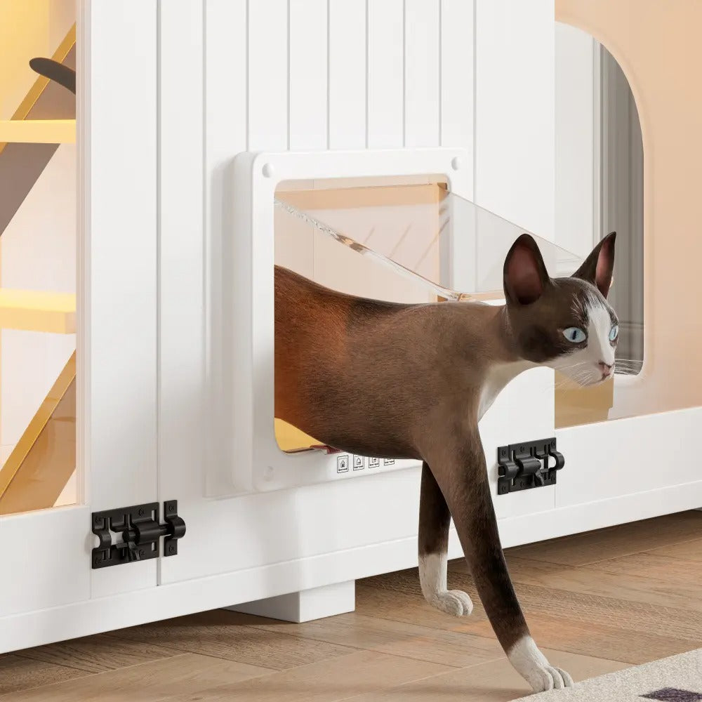 Cat Large 47.25" Cat Litter Box Enclosure with Lighting, Stairs and Scratching Post,  Smart Door Pet Cabinet Side Table for Living Room, White