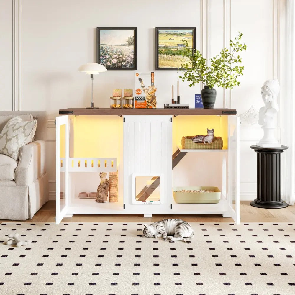 Large 47.25" Cat Litter Box Enclosure with Lighting, Stairs and Scratching Post,  Smart Door Pet Cabinet Side Table for Living Room, White