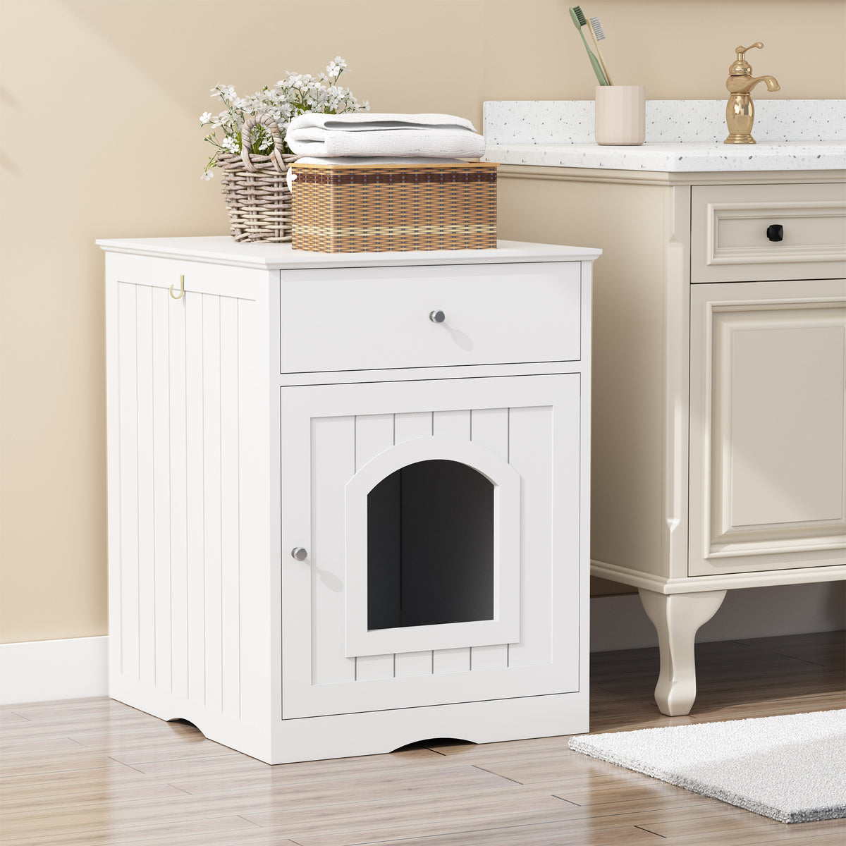 Wooden Pet House & Cat Litter Box Enclosure with Drawer, Side Table