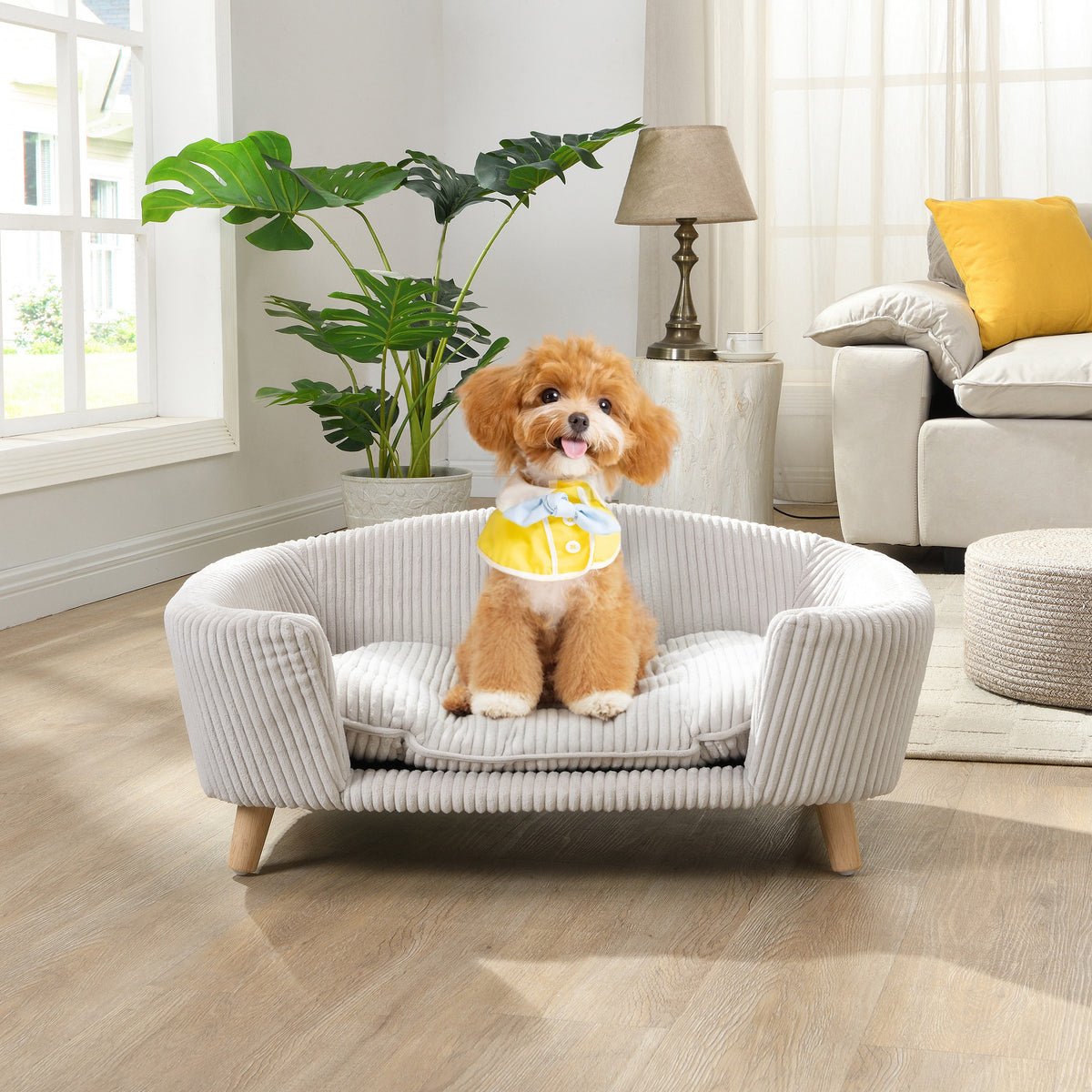 Elevated Dog Bed with Wood Legs, Fabric Couch & Supportive Foam