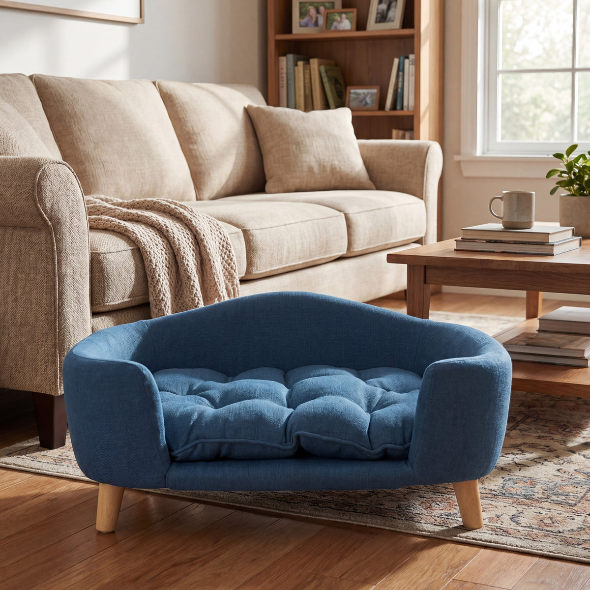 Elevated Dog Bed with Wood Legs, Fabric Couch & Supportive Foam