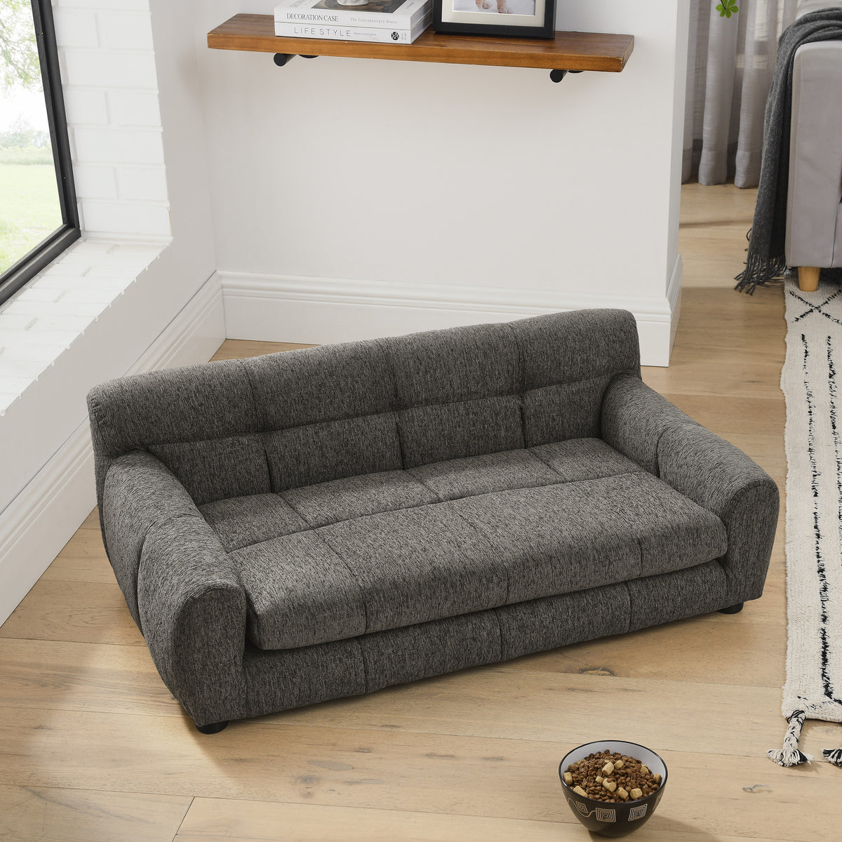 Dog Upholstered Pet Sofa Couch with High Backrest and Armrests, Modern Rectangular Soft  Comfortable Pet Bed for Small and Medium Dogs, Beige