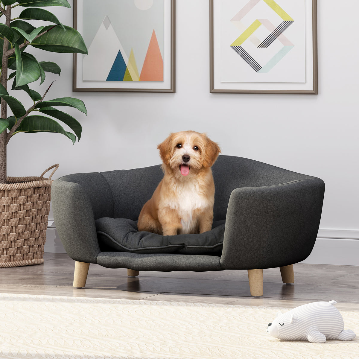 Elevated Dog Bed with Wood Legs, Fabric Couch & Supportive Foam