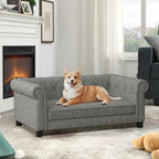 Dog Modern Linen Fabric Elevated Dog Sofa, Elegant Rectangular Raised Pet Couch, Soft  Comfortable Durable Pet Bed for Small and Medium Dogs, Light Grey
