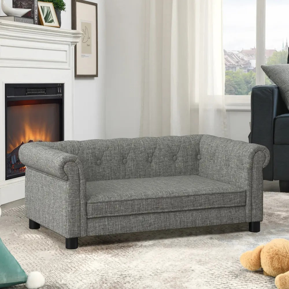 Dog Modern Linen Fabric Elevated Dog Sofa, Elegant Rectangular Raised Pet Couch, Soft  Comfortable Durable Pet Bed for Small and Medium Dogs, Light Grey