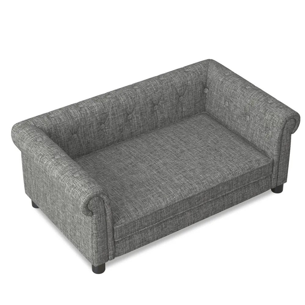 Modern Linen Fabric Elevated Dog Sofa, Elegant Rectangular Raised Pet Couch, Soft  Comfortable Durable Pet Bed for Small and Medium Dogs, Light Grey