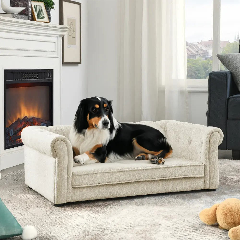 Dog Modern Linen Fabric Elevated Dog Sofa, Elegant Rectangular Raised Pet Couch, Soft  Comfortable Durable Pet Bed for Small and Medium Dogs, Light Grey