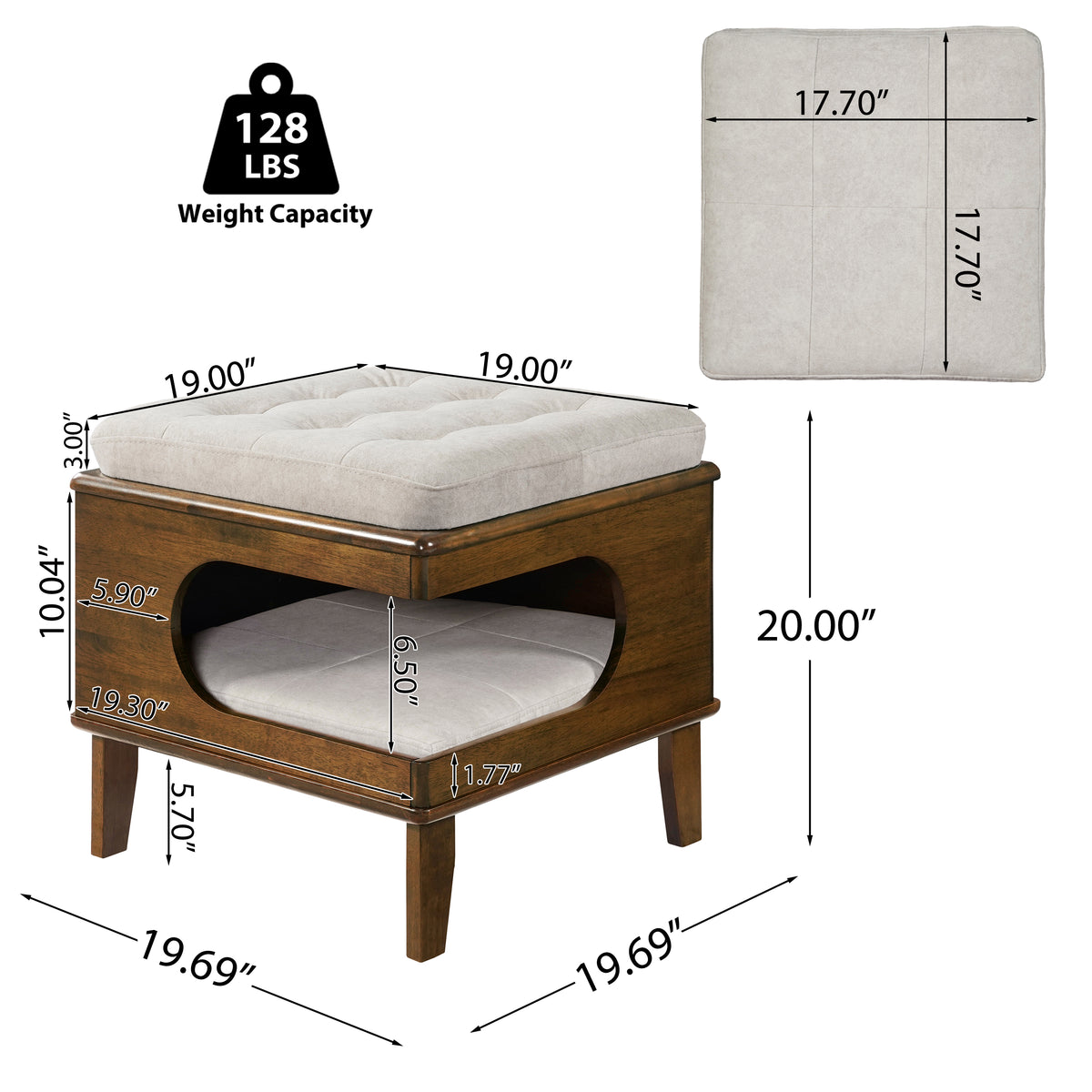 Letitia Rubber Wood Cat Bed Ottoman, 2-in-1 Tufted Pet Ottoman with Cat Cave