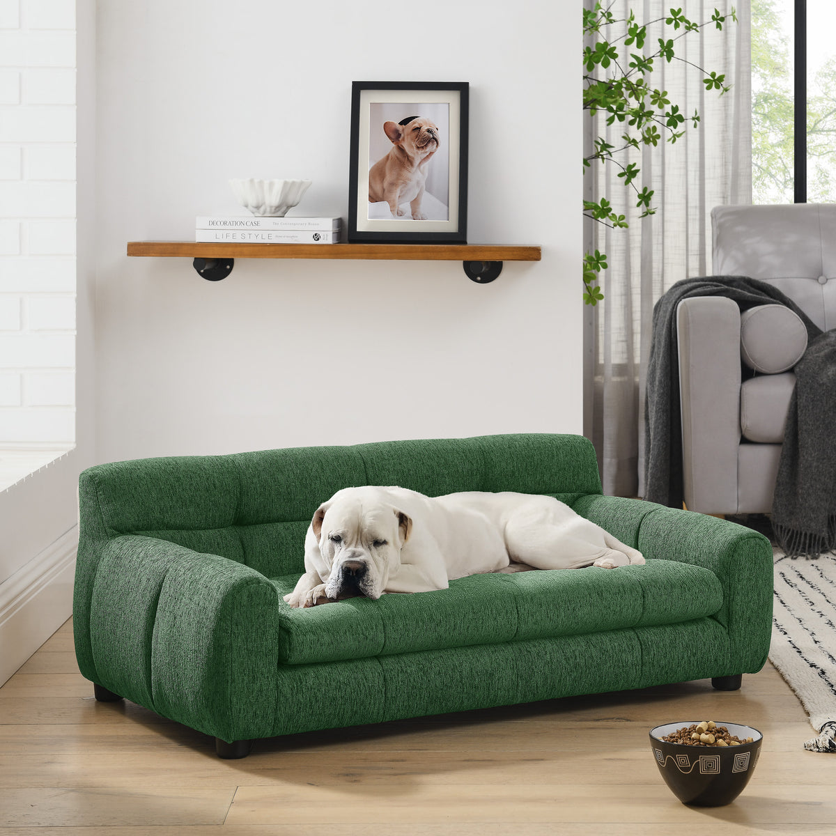 Dog Upholstered Pet Sofa Couch with High Backrest and Armrests, Modern Rectangular Soft  Comfortable Pet Bed for Small and Medium Dogs, Beige