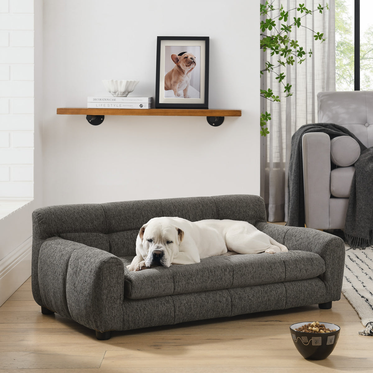Dog Upholstered Pet Sofa Couch with High Backrest and Armrests, Modern Rectangular Soft  Comfortable Pet Bed for Small and Medium Dogs, Beige