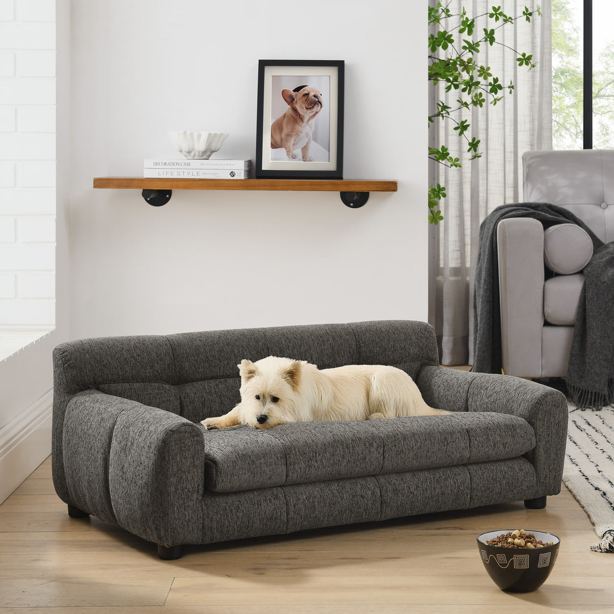 Dog Upholstered Pet Sofa Couch with High Backrest and Armrests, Modern Rectangular Soft  Comfortable Pet Bed for Small and Medium Dogs, Beige