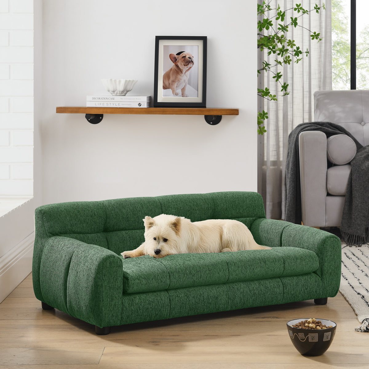 Dog Upholstered Pet Sofa Couch with High Backrest and Armrests, Modern Rectangular Soft  Comfortable Pet Bed for Small and Medium Dogs, Beige