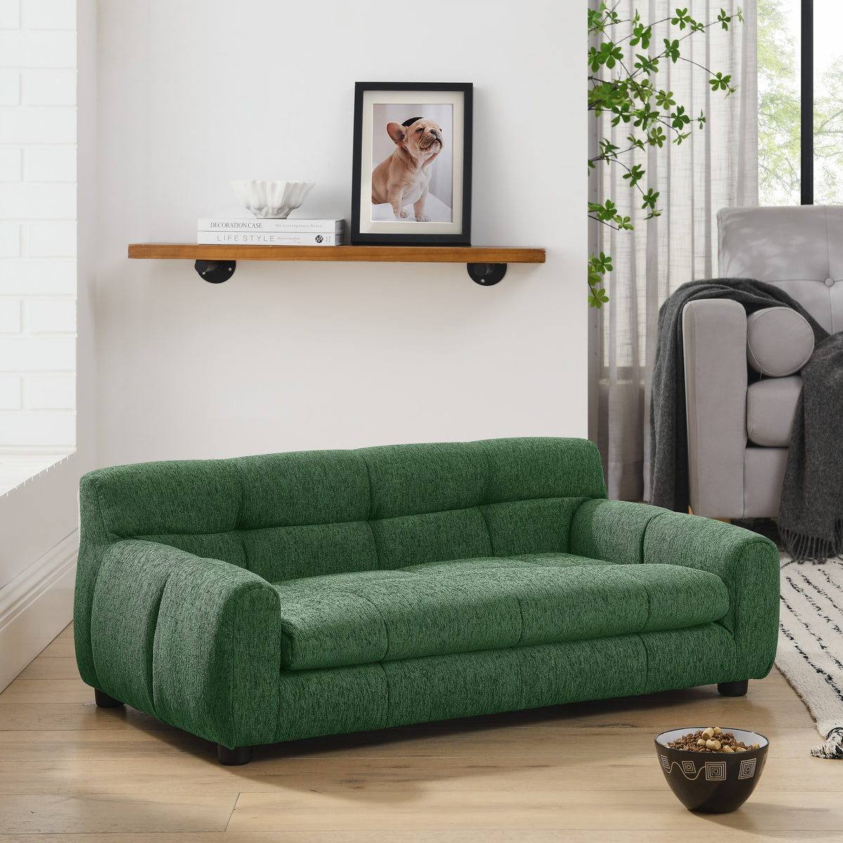 Dog Upholstered Pet Sofa Couch with High Backrest and Armrests, Modern Rectangular Soft  Comfortable Pet Bed for Small and Medium Dogs, Beige