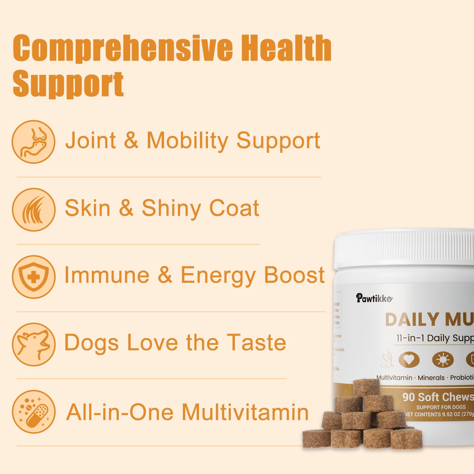 Pawtikko Daily Multi 11-in-1 Soft Chews for Dogs – Multivitamin, Minerals, Probiotic & Omega 3, 90 Count, All Breeds, Senior & Puppy Support