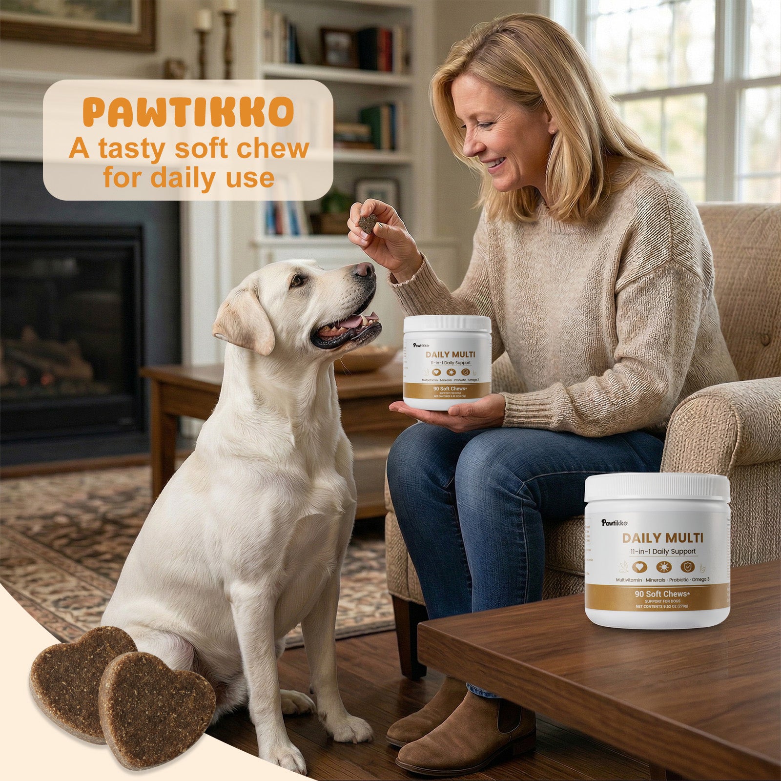Pawtikko Daily Multi 11-in-1 Soft Chews for Dogs – Multivitamin, Minerals, Probiotic & Omega 3, 90 Count, All Breeds, Senior & Puppy Support