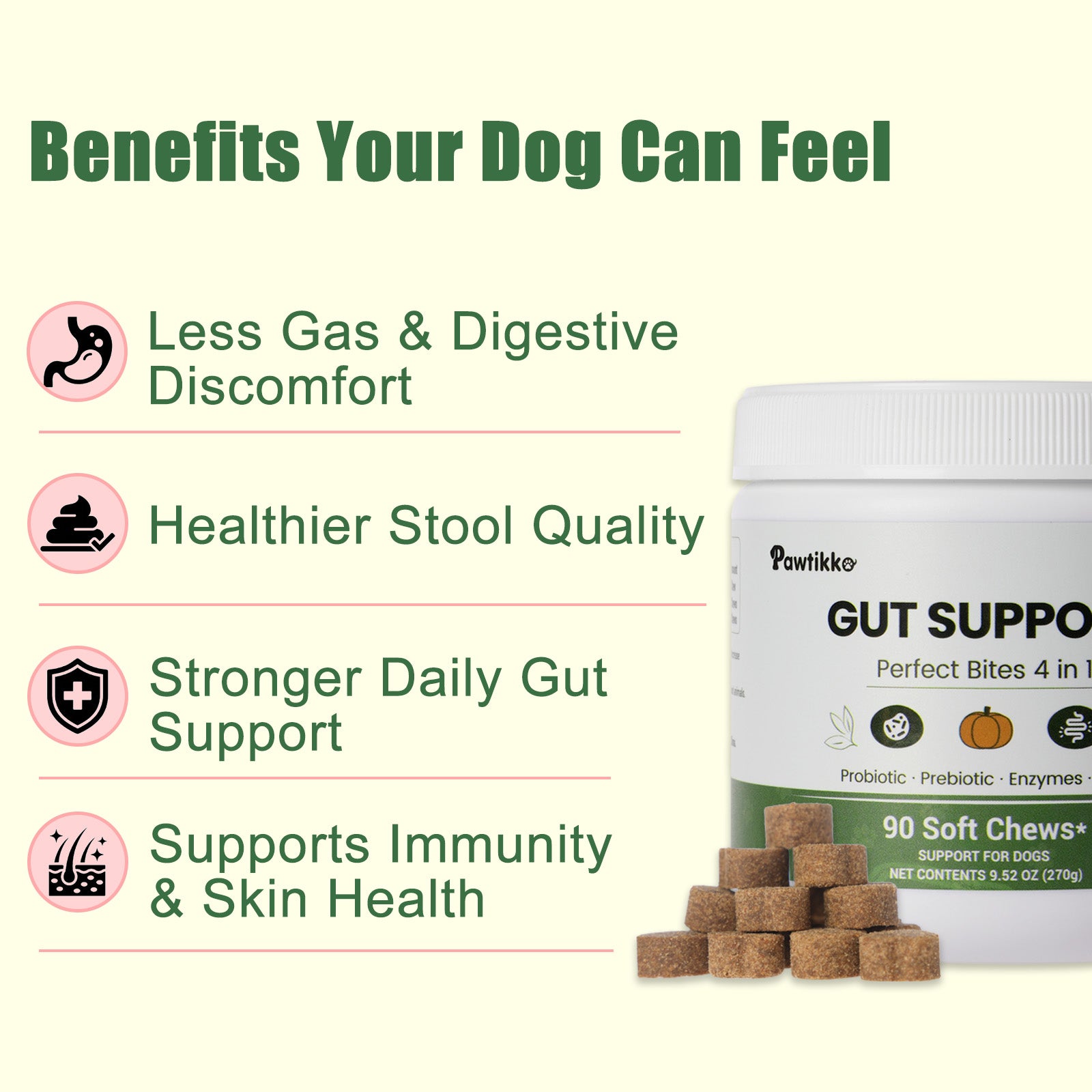 Pawtikko Gut Support Perfect Bites 4 in 1 for Dogs - Probiotic, Prebiotic, Enzymes & Fiber - 90 Soft Chews for Digestive Care, Gut Balance, Loose Stool Relief, Suitable for All Breeds & Sizes